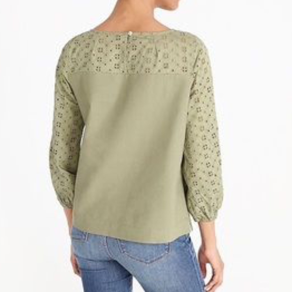 J. Crew Mercantile Olive Green Eyelet Linen Long Sleeve Blouse - Picture 2 of 7
